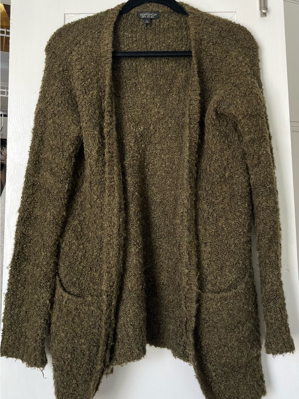 Topshop Olive Bouclé Open-Front Cardigan